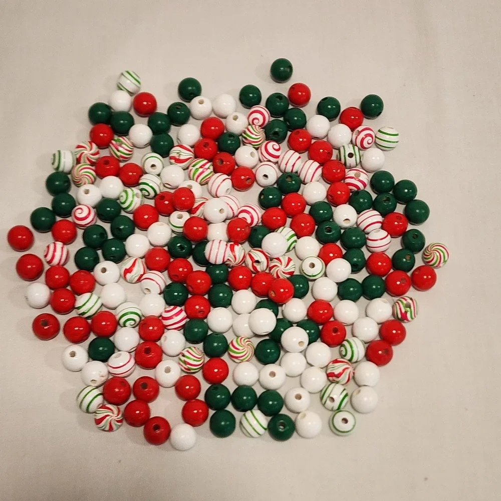 Christmas Wooden Beads Red Green White Peppermint Stripe Spiral Bulk Craft Lot